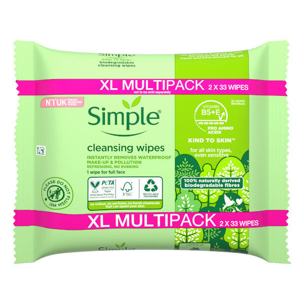 Simple Kind To Skin Wipes Biodegradable 2 X 33